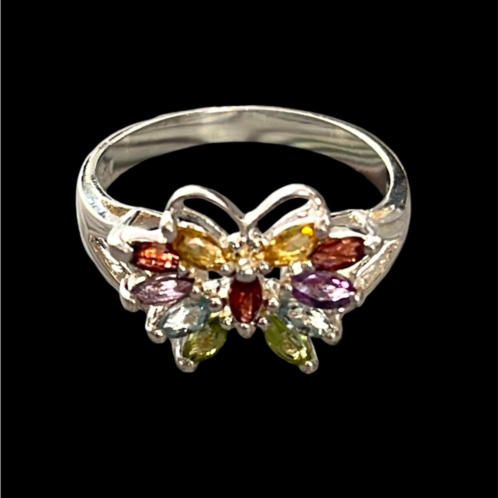 925 Butterfly Ring Multi Gemstone Size 8.25. Pre Owned